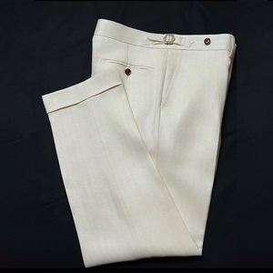 <span class=keywords><strong>Pantaloni</strong></span> da <span class=keywords><strong>Uomo</strong></span> Estivi in <span class=keywords><strong>Lino</strong></span> <span class=keywords><strong>100</strong></span>% Stile Italiano Personalizzato, Colore Avorio, con Pieghe e Polsini, Vestibilità Slim, con Elastico Laterale Regolabile in Vita - Product Image 1