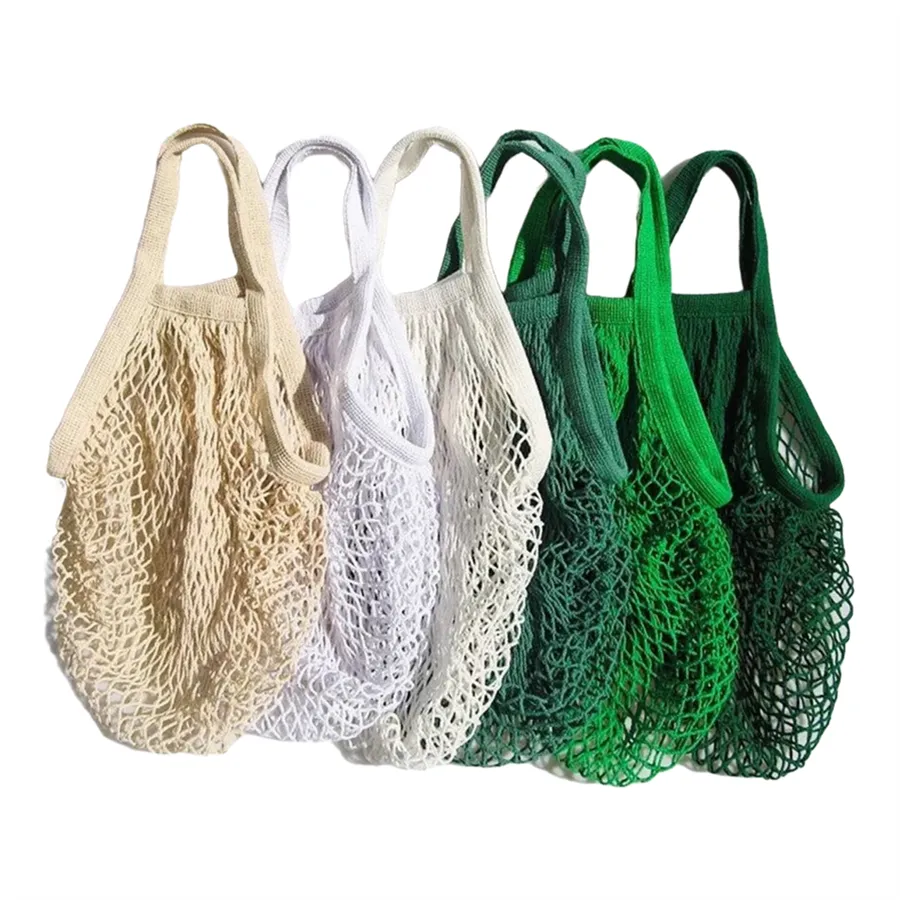 Rede de crochê colorida reciclada com etiqueta personalizada, sacola de compras reutilizável de ombro para compras, sacola de algodão e malha francesa