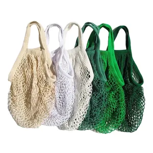 Customized Label Recycled Colorful Net Crochet String Reusable Shoulder Shopping French Grocery Tote Cotton Mesh Bags