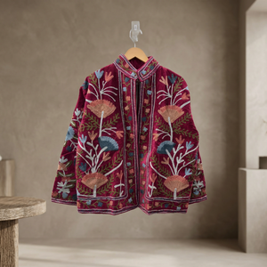 Women Velvet Floral Embroidered <b>Mandarin</b> <b>Collar</b> <b>Jacket</b> Full Sleeve Autumn Handcrafted Short Coat Suzani Style - Product Image 1