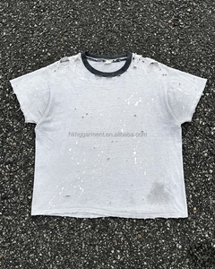 <b>White</b> Painted Splatter Vintage Washed grey acid washed effect Boxy Fit <b>Tshirt</b> Distressed Holes Oversized 100%Cotton Tee for Men - Product Image 1
