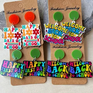 Creative Design Happy First Day of School Acrylic Drop Earrings Colorful Pencil Welcome Back to School Earrings to My Daughter