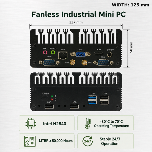 Intel N2840 Fanless Industrial Mini PC DC 12V RS485 RS232COM for 1.4 RTL8111H 2*USB3.0+4*USB2.0 Used 8GB RAM Factory Price