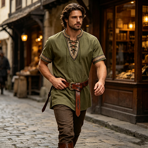 Camicia a Maniche Corte Stile Vichingo Rinascimentale e Cintura in Pelle con Rune Nordiche in Rilievo, Costume Medievale Scozzese per Halloween e Cosplay - Product Image 5