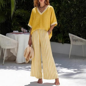 Ensemble décontracté pour femme, haut vert à col en V, pantalon rayé à jambes larges, tailles SMLXL2XL3XL, style Europe, Amérique, Moyen-Orient, artistique, rétro - Product Image 3