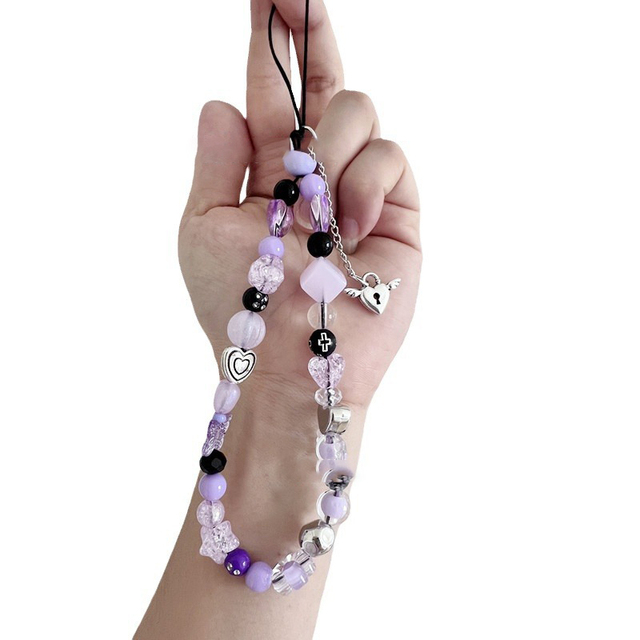 Y2K Ins Style Acrylic Beaded Phone Lanyard Strawberry Charm Strap for Phone Case Bag Keychain Bohemian Purple Pink Jewelry Gift