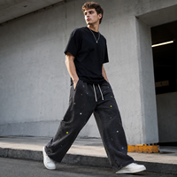 Pantalon de survêtement pour homme en coton lavé, coupe large, taille à cordon, broderie multicolore, style streetwear, vente en gros