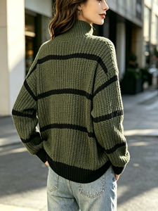 Pull col roulé rayé tendance pour femme, coupe oversize, manches longues, décontracté, chic, pour le quotidien et le streetwear - Product Image 3