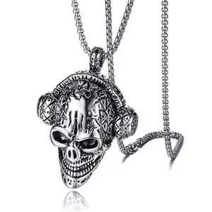 Custom Motorcycle Boy Stainless Steel Ghost Head Pendant Male Retro Punk Men Skull Wearing Headphones Listening Music Necklace