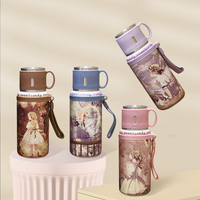 Termo de Acero Inoxidable con Aislamiento al Vacío, Diseño Vintage de Pintura al Óleo de Niña, 600 ml, Tapa en Forma de Tazón, Botella de Agua con Asa
