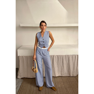 Blue WAFFLE-STRIPED Casual 2-Piece Lady's Vest <b>Trouser</b> <b>Set</b> XS Size Loose Fit Knee Length Summer Short <b>Tops</b> Shorts Pants Woven - Product Image 4