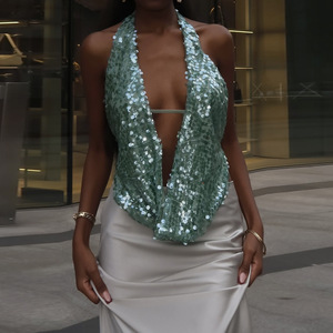 Women Vest Sequined Sexy <strong>Backless</strong> Deep V Cropped Tank <strong>Top</strong> Ladies <strong>Sequins</strong> <strong>Top</strong> - Product Image 3