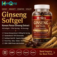 Extrait de ginseng coréen Panax 1500 mg en gélules molles, 10 % de ginsénosides, sans gluten, sans produits laitiers, sans soja, complément alimentaire