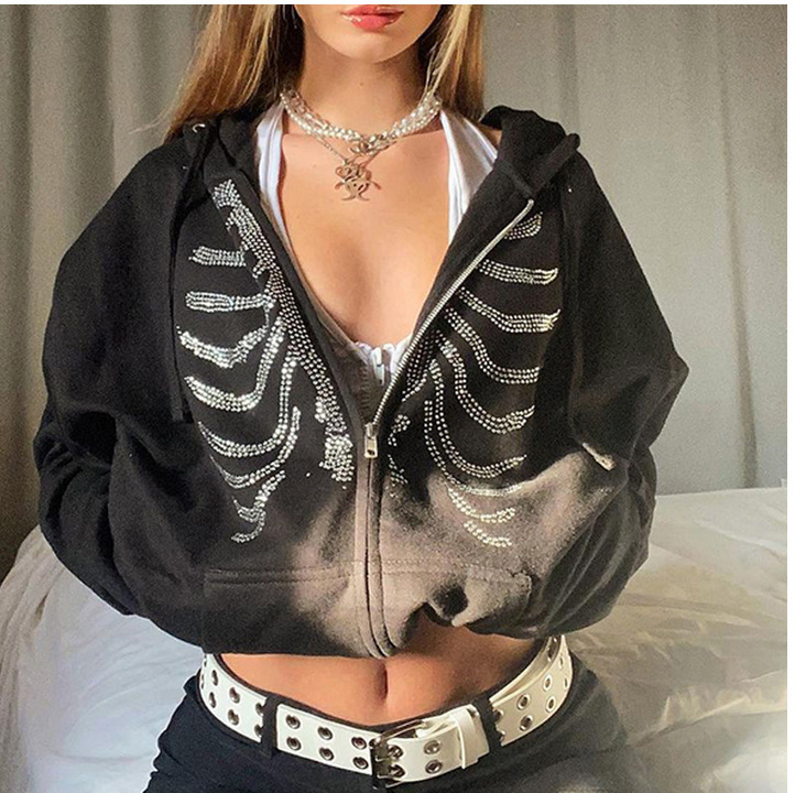 AQQYA Skeleton Zip Up Rhinestone Hoodie - Gothic Y2K Unisex Sweatshirt For Men & Women