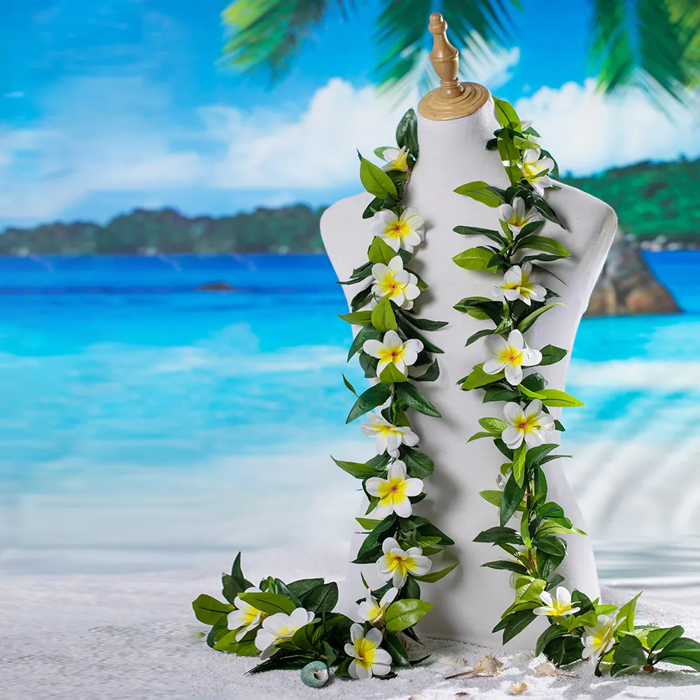 artificial silk maile leaf w/plumeria open lei 180CM Festival Plants Wreath For Dance Party Aloha Party Necklace Summer Beach