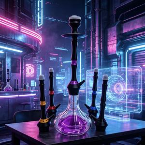 Chicha en verre transparent moderne, design noir et violet, avec plusieurs embouts, pour usage en lounge - Product Image 3