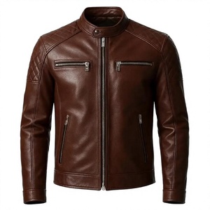 Veste d'hiver unisexe en cuir véritable et toile, style racer, imperméable et coupe-vent, avec fermeture éclair frontale et logo, par BS International - Product Image 1