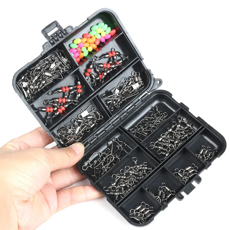 140pcs Small Swivels Connector Split Rings Lure Hooks Fishing Accessories Combo Set Box