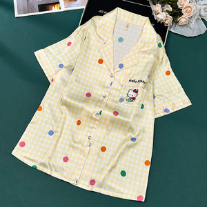 2025 Mùa Hè Ngắn Tay Áo Băng Lụa Đồ Ngủ Cho Phụ Nữ <span class=keywords><strong>Hello</strong></span> <span class=keywords><strong>Kitty</strong></span> Dễ Thương Sinh Viên Ba-Mảnh Phong Cách Homewear Bộ - Product Image 5