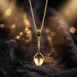 Small Spoon Gold Color with Chain Pendant Black Onyx Stone Spoon Pendant - Product Image 1