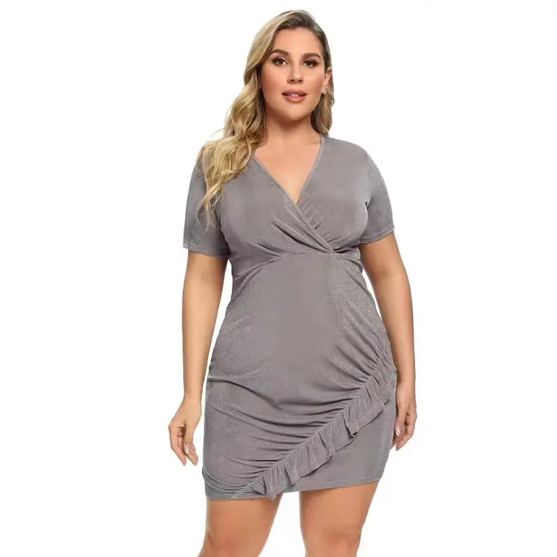 2022 summer plus size women's fashion European and American sexy dress pleated short-sleeved V-neck ruffled dresses women