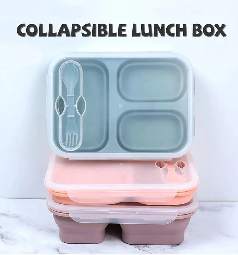 Aangepaste Bpa Gratis Siliconen 3 Compartiment Inklapbare Office Lunchbox Magnetron Veilig Kinderen Bento Lunch Box Set Voor School