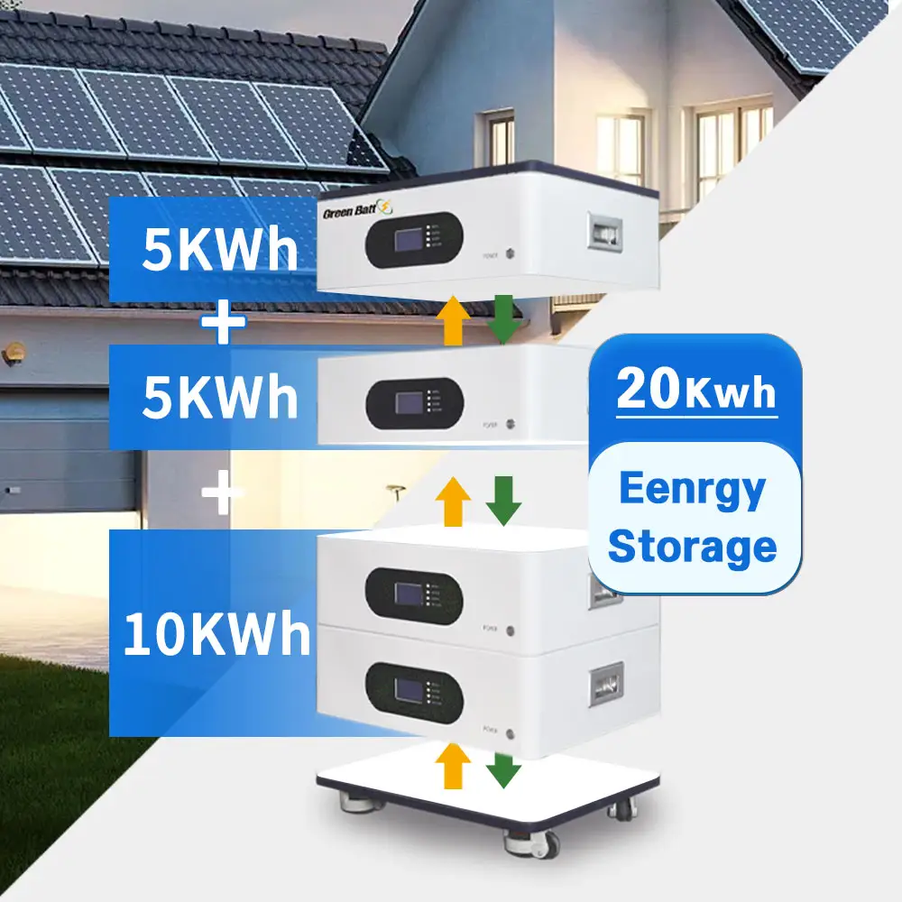 Greenbatt sistemi di accumulo di energia domestica 51.2v 48V 100Ah 200Ah 5KWh 10KWh 20KWh batteria impilabile 15kwh
