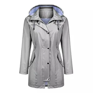 Chaqueta de lluvia de manga larga para mujer, impermeable, personalizada, PU, con bolsillos y botones