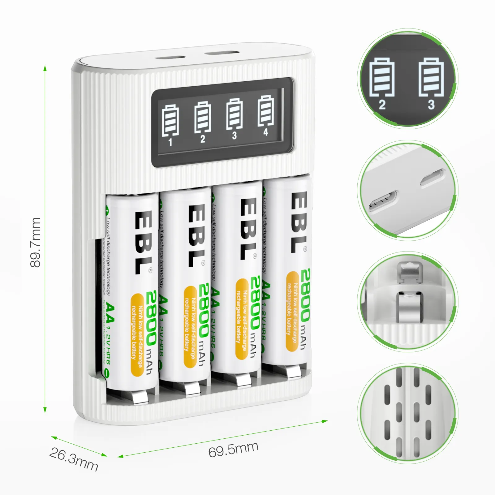 Bateria recarregável com carregador USB para celular Smart Nimh Aa 4 slots, 1.2V 2800Mah Aa