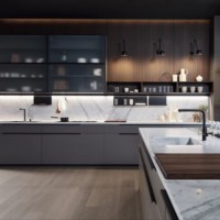 Solution de cuisine moderne tout-en-un simple : Unités de meubles modulaires en panneaux mélaminés avec robinet et charnière en verre pour appartement