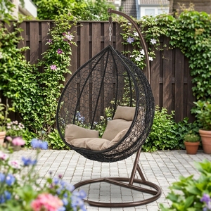 Sedia a dondolo da giardino moderna nordica in rattan, sedia sospesa a forma di uovo con seduta in metallo per 2 persone - Product Image 2