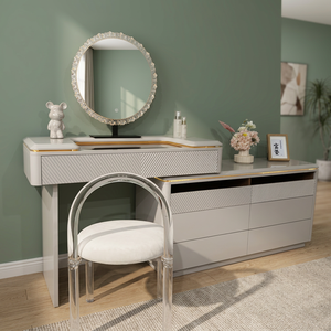 Modern Gray Makeup <b>Vanity</b> <b>Table</b> with Lighted Round <b>Mirror</b> Storage Drawers for Bedroom Furniture - Product Image 4