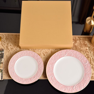 Lot de 2 assiettes en céramique YW style nordique, 8 et 10 pouces, en porcelaine fine, avec incrustation rose, logo personnalisé et gravure durable - Product Image 1