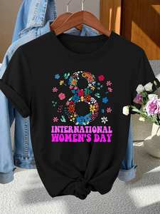 T-shirt elegante da donna girocollo a maniche corte con stampa floreale per la Giornata Internazionale della Donna, top primavera estate autunno vestibilità regolare - Product Image 3