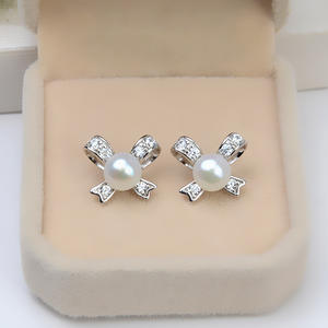 Boucles d'oreilles en argent S925 avec nœud et perle DIY, accessoires de bijoux semi-finis à la mode, support vide 978 pour femme - Product Image 1