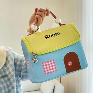 Grande trousse de toilette portable en PU, grande capacité, avec fermeture éclair, motif géométrique tendance, étanche, compartimentée, pour voyage - Product Image 6