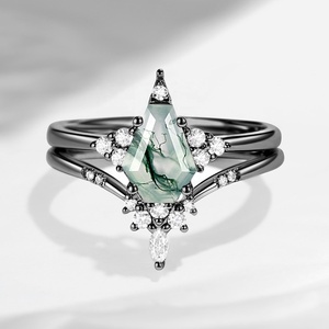 Anillo De Compromiso De Plata De Ley 925 Con Piedra Lunar Y ágata Musgo - Tallas 5-9 USA - Para Mujer