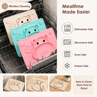 Assiette d'alimentation pour bébé en silicone Hippo 2-en-1 avec ventouse, tapis antidérapant, bol compartimenté, qualité alimentaire sans BPA, vaisselle pour enfants, plateau de sevrage