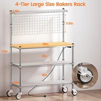 Support de boulangerie avec prise de courant et rangement Étagères de cuisine en fil d'aluminium à mailles décoratives à 4 niveaux Chariot Roues de construction soudées