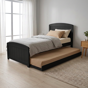 Commercial Grade Classic Black Twin <b>Platform</b> <b>Bed</b> with Pull-Out Trundle - European Vintage Wooden Daybed for Hotels & Guest Rooms - Product Image 6