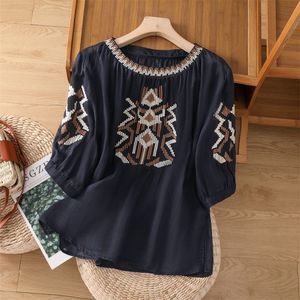 Women Embroidered <b>Linen</b> <b>Top</b> Three Quarter Sleeve Vintage Loose Fit Breathable Summer Blouse White Navy Blue Yellow Gray Apricot - Product Image 4