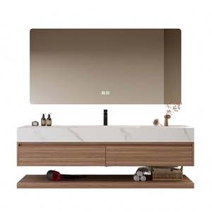 Mueble de Baño Moderno de Pared con Espejo LED, Gabinete de Madera y Encimera de Mármol - Product Image 1