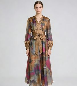 Vestido elegante de estilo europeo y americano para mujer, novedad 2025, sexy, con cuello en V, manga larga, lazo en la cintura, efecto adelgazante - Product Image 3