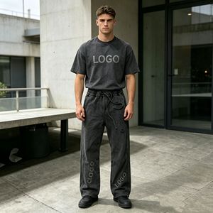 Conjunto de 350g para hombre, camiseta con cuello redondo y pantalones jogger con relieve, conjunto de dos piezas de verano 100% algodón jersey para hombre. - Product Image 3