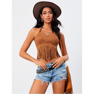 Women's <b>Fringe</b> Western Halter Crop <b>Top</b> Party Wear Woven PU Leather Bodycon Sleeveless Cowgirl Style No Chest Pad - Product Image 4