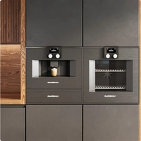 Meubles de cuisine modernes modulaires en bois gris, robinet, charnières, armoires de cuisine, évier, tiroir, panier, appartement, hôtel, maison