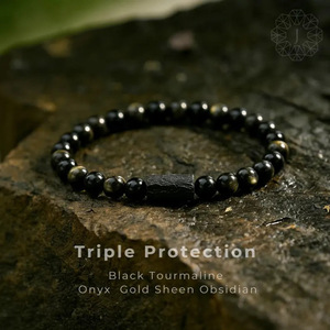 Pulsera de Piedras Naturales de Turmalina Negra, Ónix y Obsidiana con Brillo Dorado, Joyería Energética, Regalo para Ella, Pulsera de Triple Protección - Product Image 1