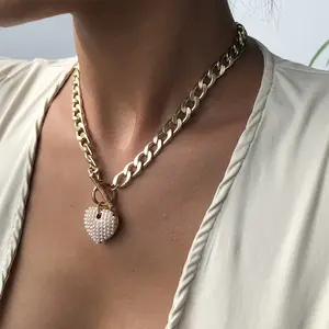 Trendy Gold Imitation Perle Herzform Anhänger Frauen Choker Kette Halskette Schmuck