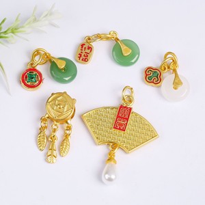 Pendentif en jade incrusté de style antique en forme d'éventail avec motif bambou pour la fabrication de bijoux DIY, accessoire unisexe - Product Image 4