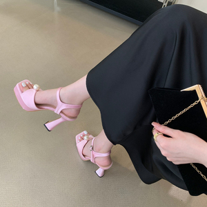 Sandales à talons hauts pour femmes, plateforme carrée, en cuir PU, avec nœud, chaussures de mode pour femmes, été 2023 - Product Image 3